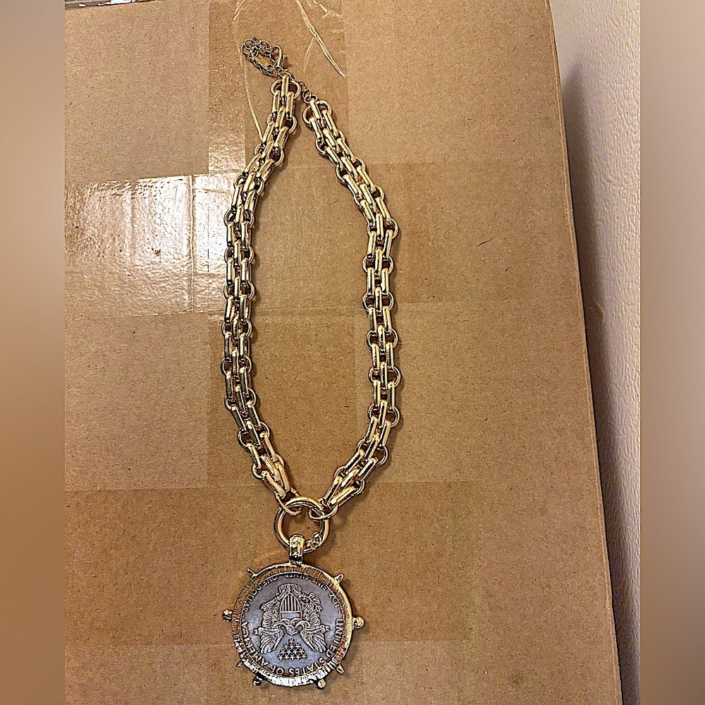 Gold Liberty Coin Statement Necklace Large Chunky Clavicle Choker - Picture 3 of 3